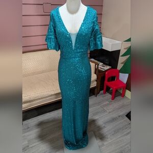 Teal Sequin Mermaid Dress With Batwing Sleeves